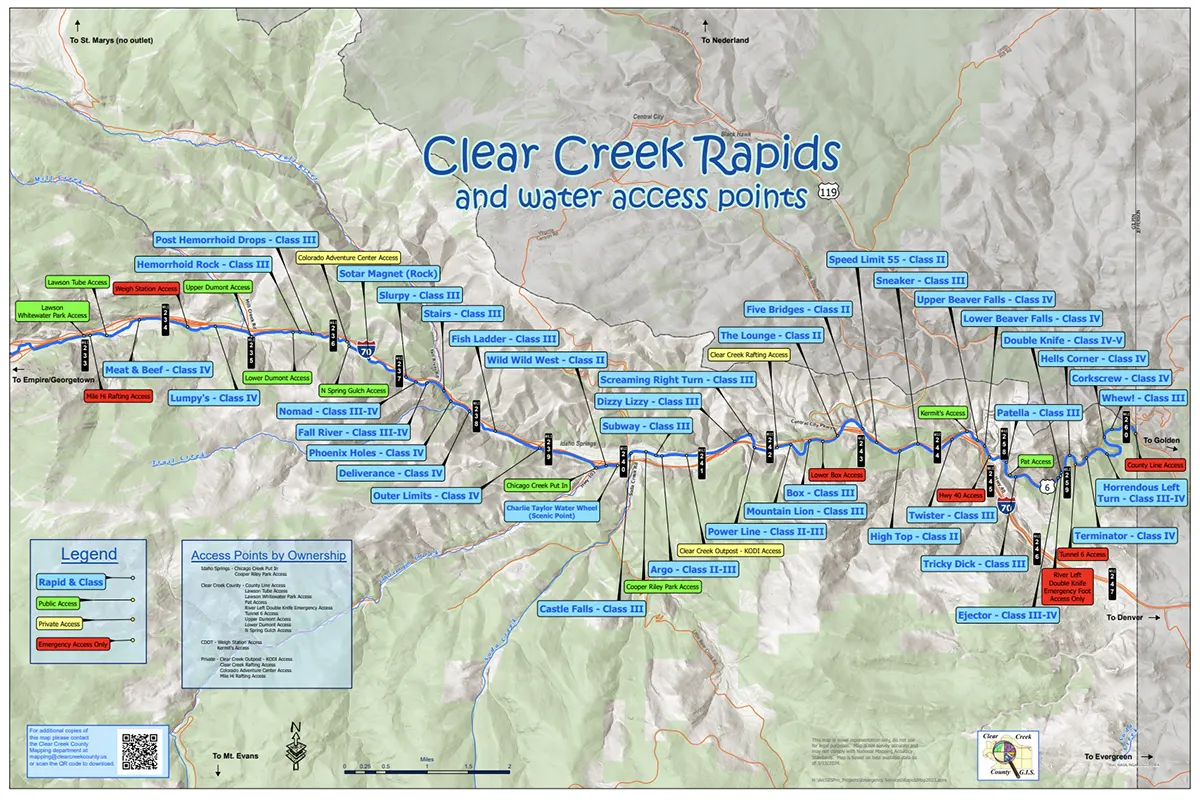 Map of the rapids and water access points on the Clear Creek River