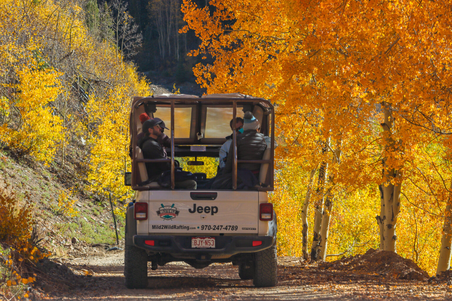 Jeep driving through orange aspens on a Silverton Jeep tour