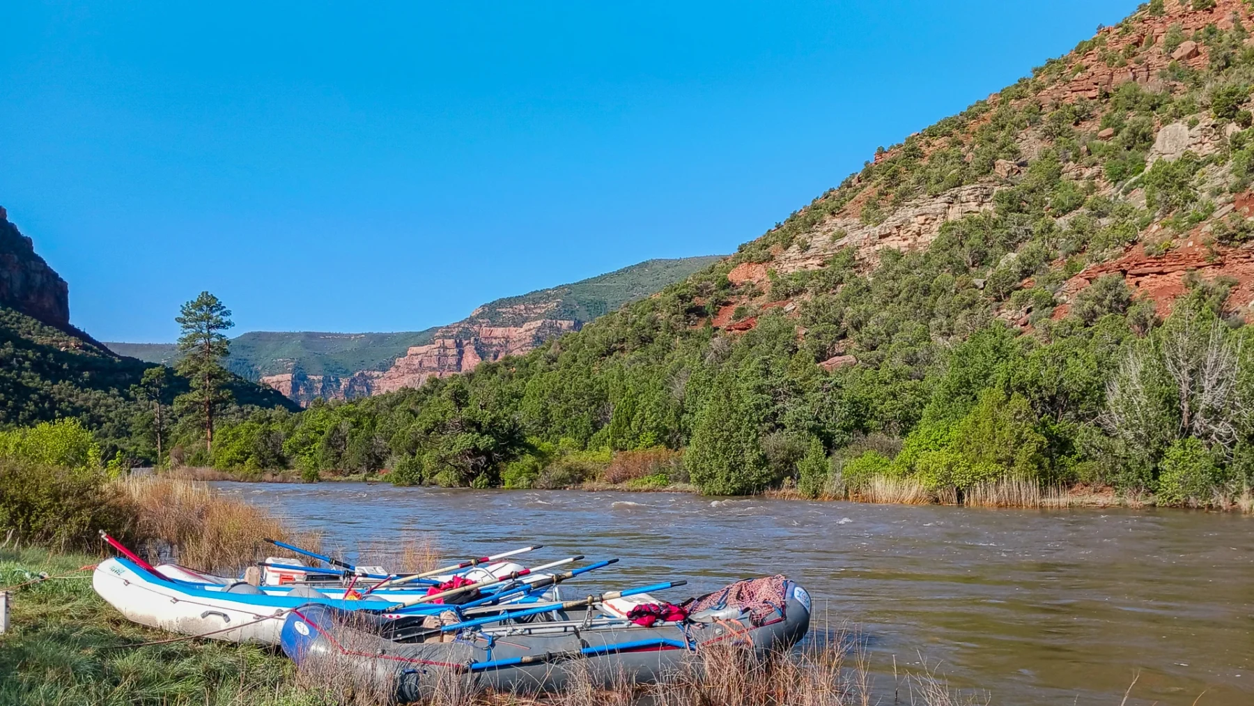 Two rafts beached in Ponderosa Canyon on the Dolores River