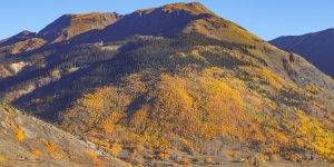 Wide landscape of the mountain above the town of Silverton covered in autumn colors