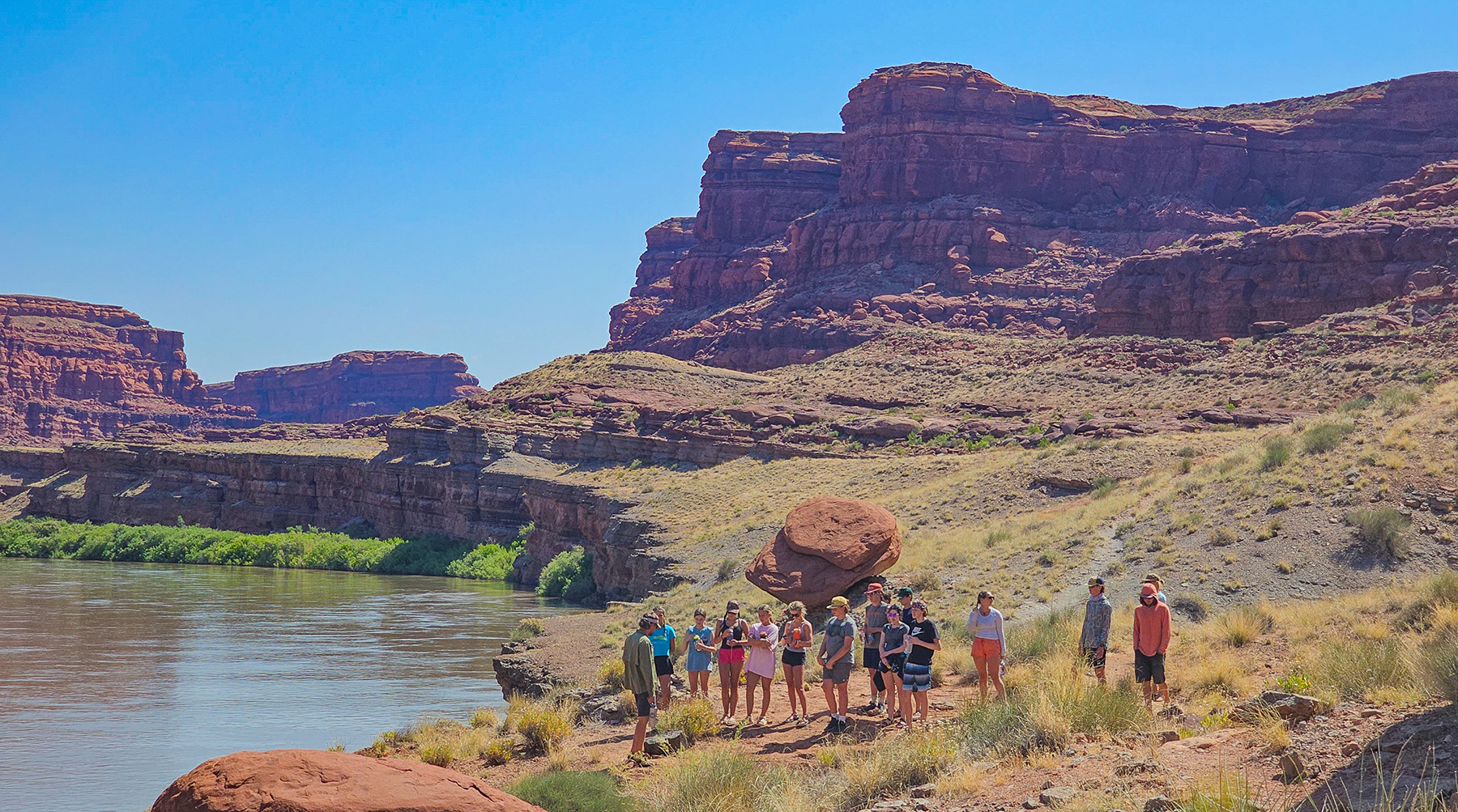 Wide shot of Cataract Canyon - People on shore to the right - Mild to Wild