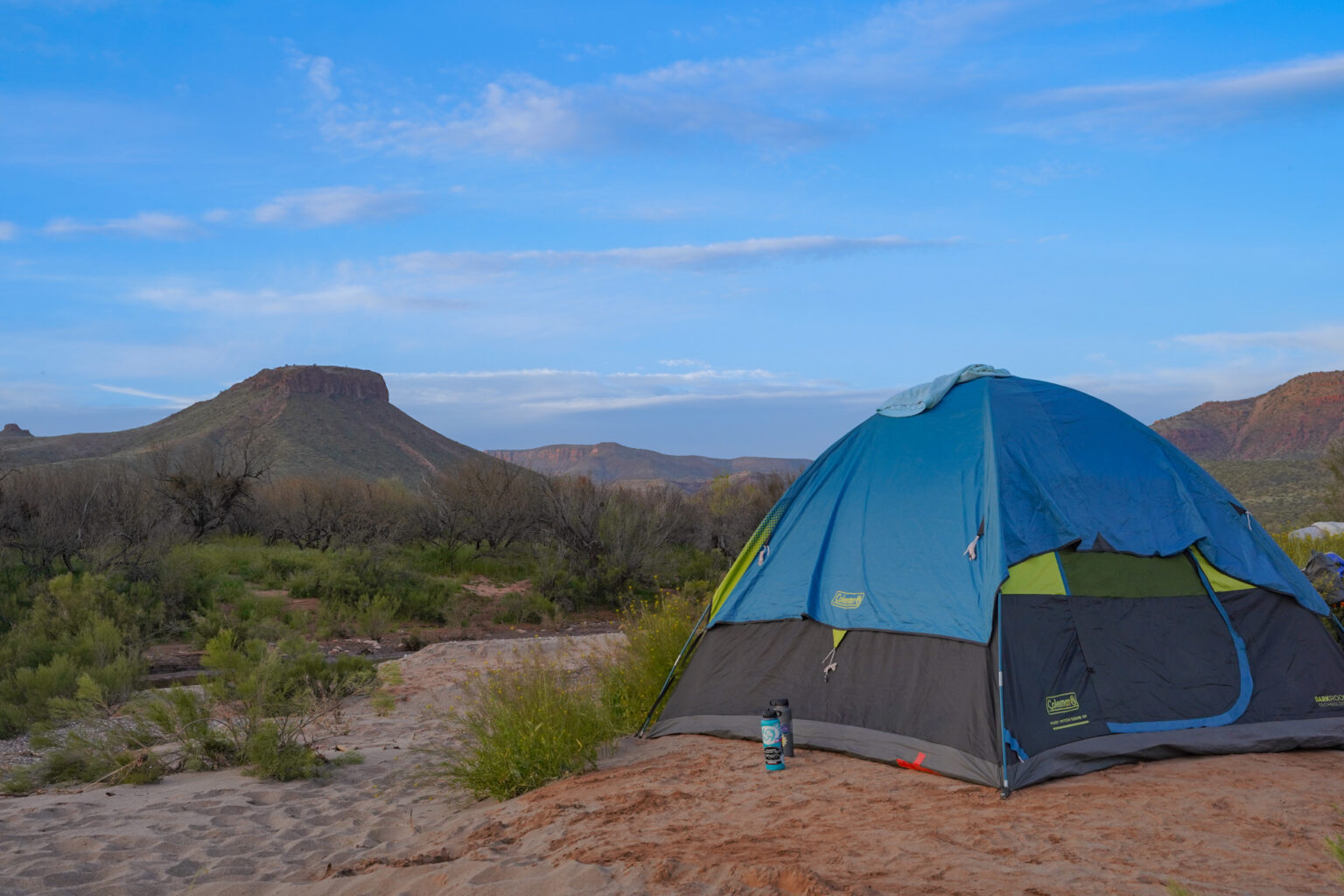 Upper Salt River Canyon Campsite - wide shot of a tent in front of the Salt canyon walls