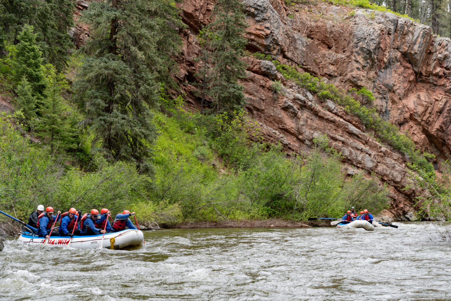 Upper Piedra River - wide shot of boats paddling - Mild to Wild