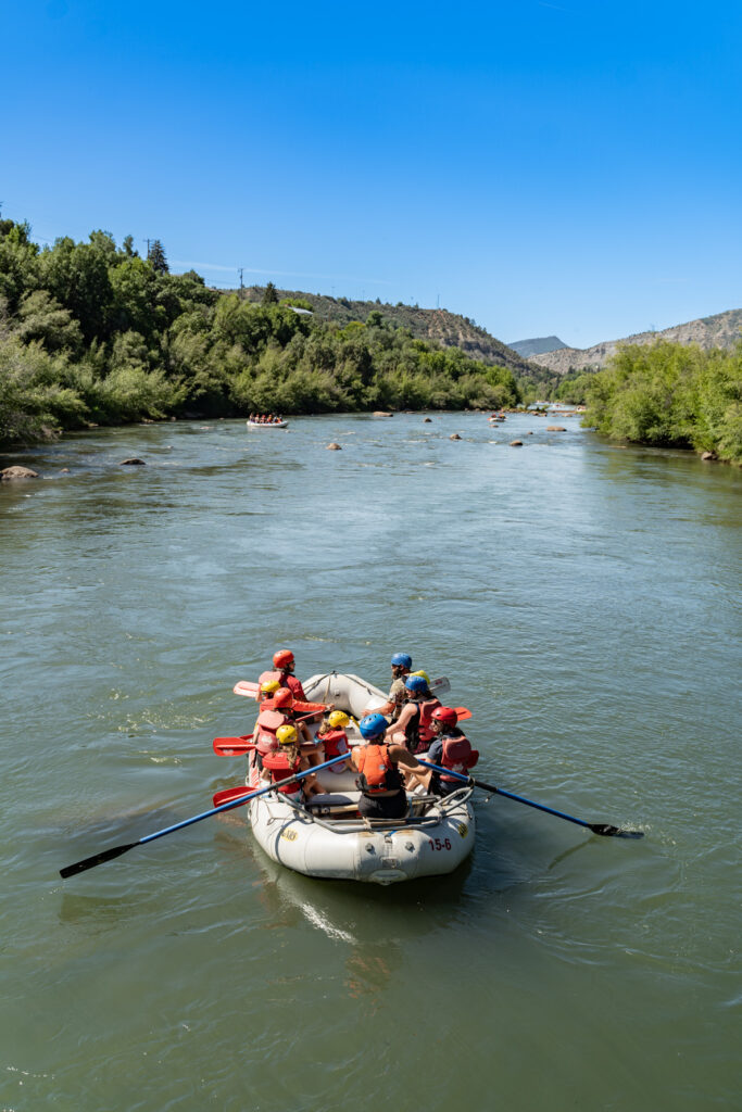 Durango Rafting on the Lower Animas River - Wide shot of boats and scenery - Mild to Wild