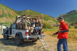 Mild to Wild guide next to guests in the Jeep Gladiator - SIlverton, CO