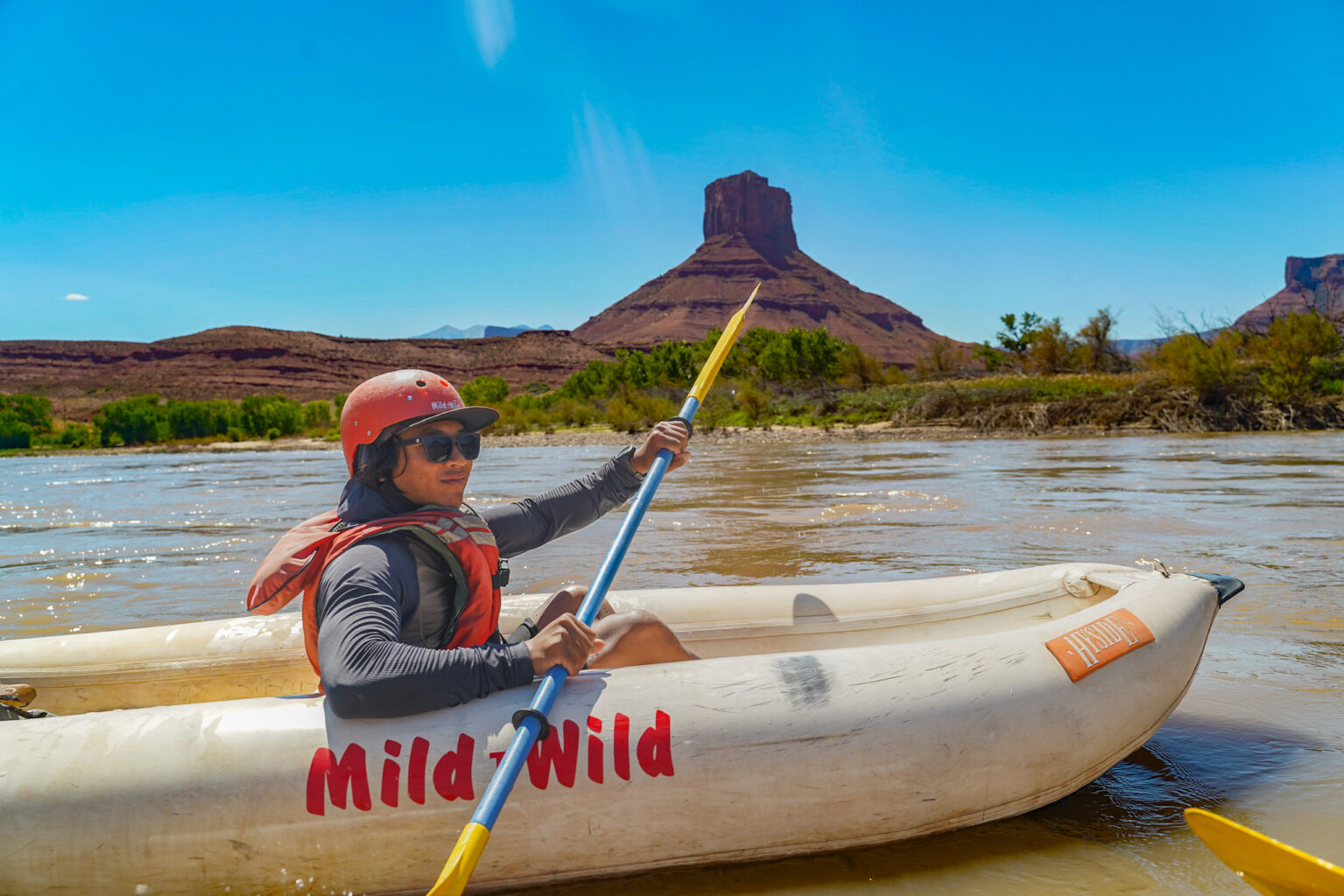 Close up of Inflatable kayaker in castle valley - Fisher Towers - Moab, Utah