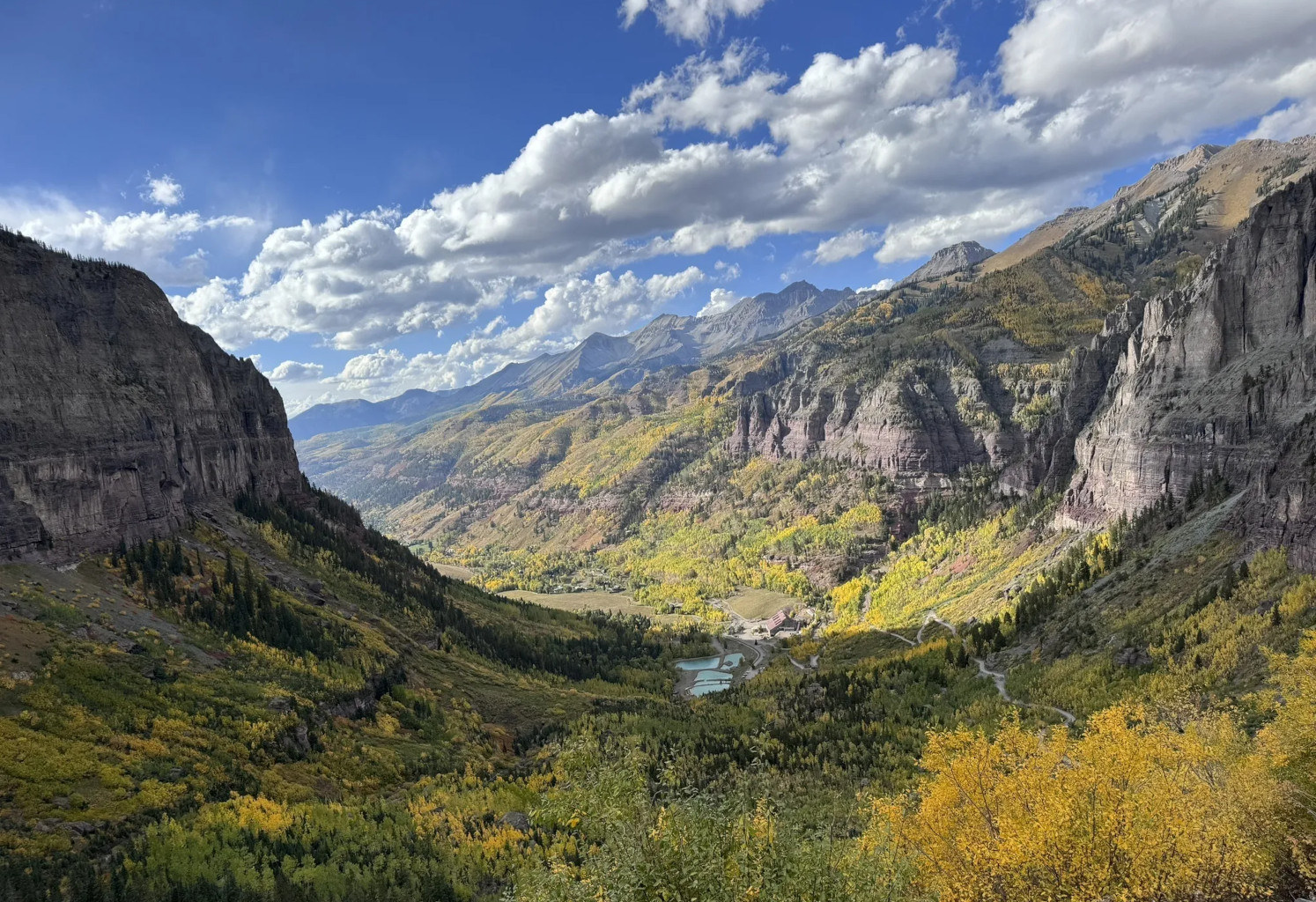 View of mountains, valley and lakes from Black Bear Pass