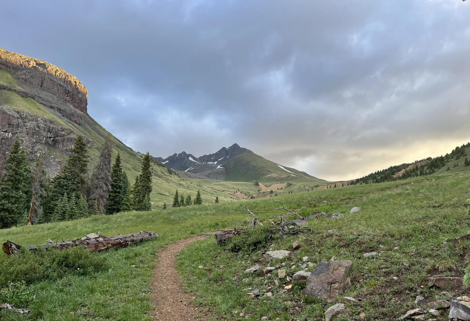 Wetterhorn Peak is seen in the distance from the trail, which runs through an alpine meadow.