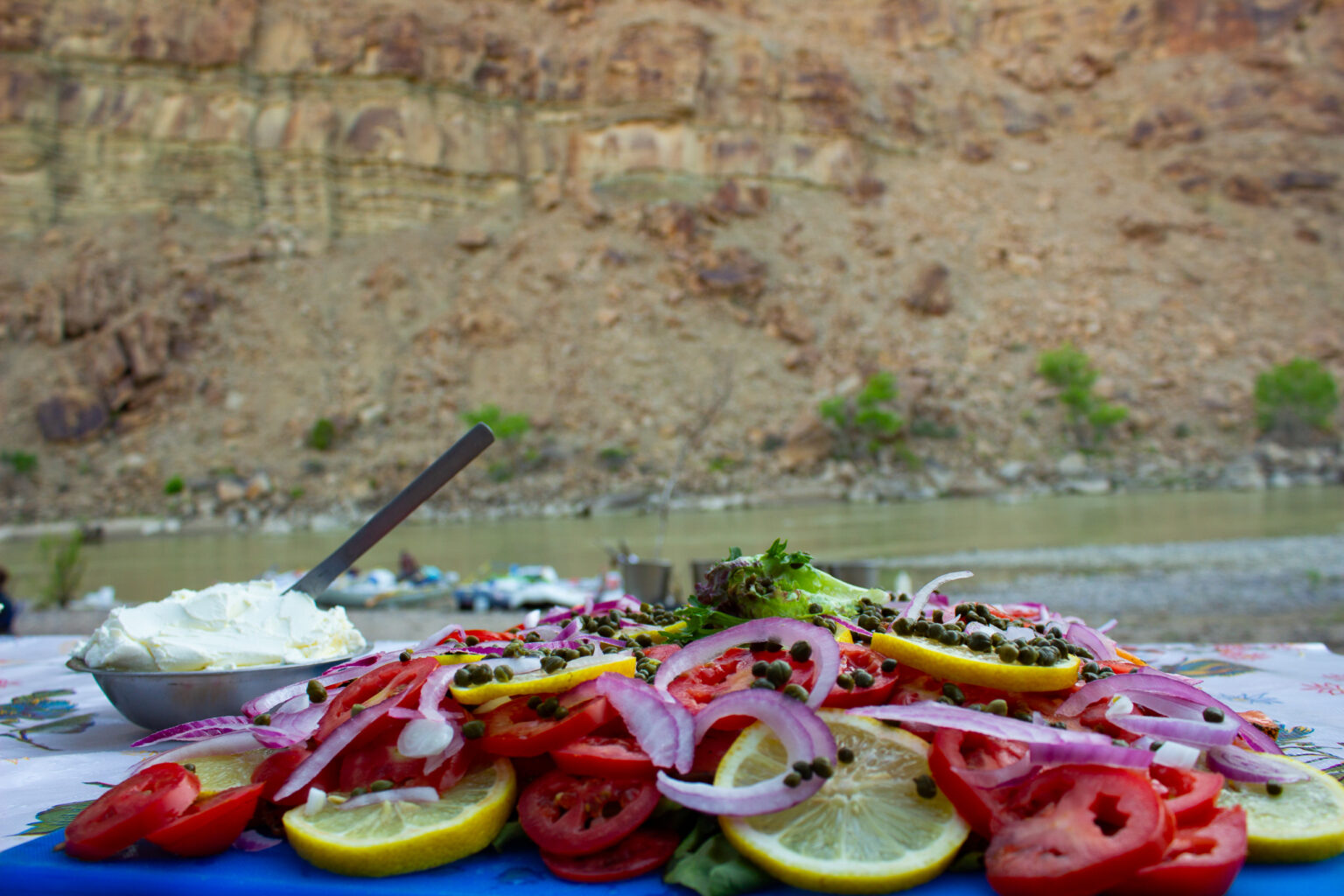 Tray of vegetables and fixings for salmon and lox breakfast on a Desolation Canyon trip