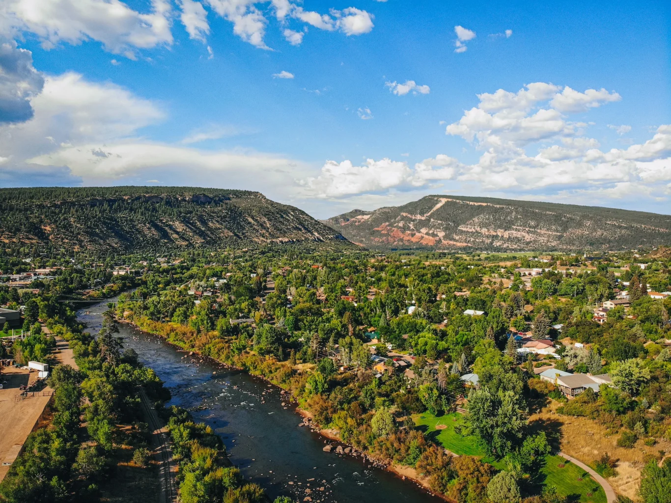 Drone shot of Durango Colorado in summer at sunset