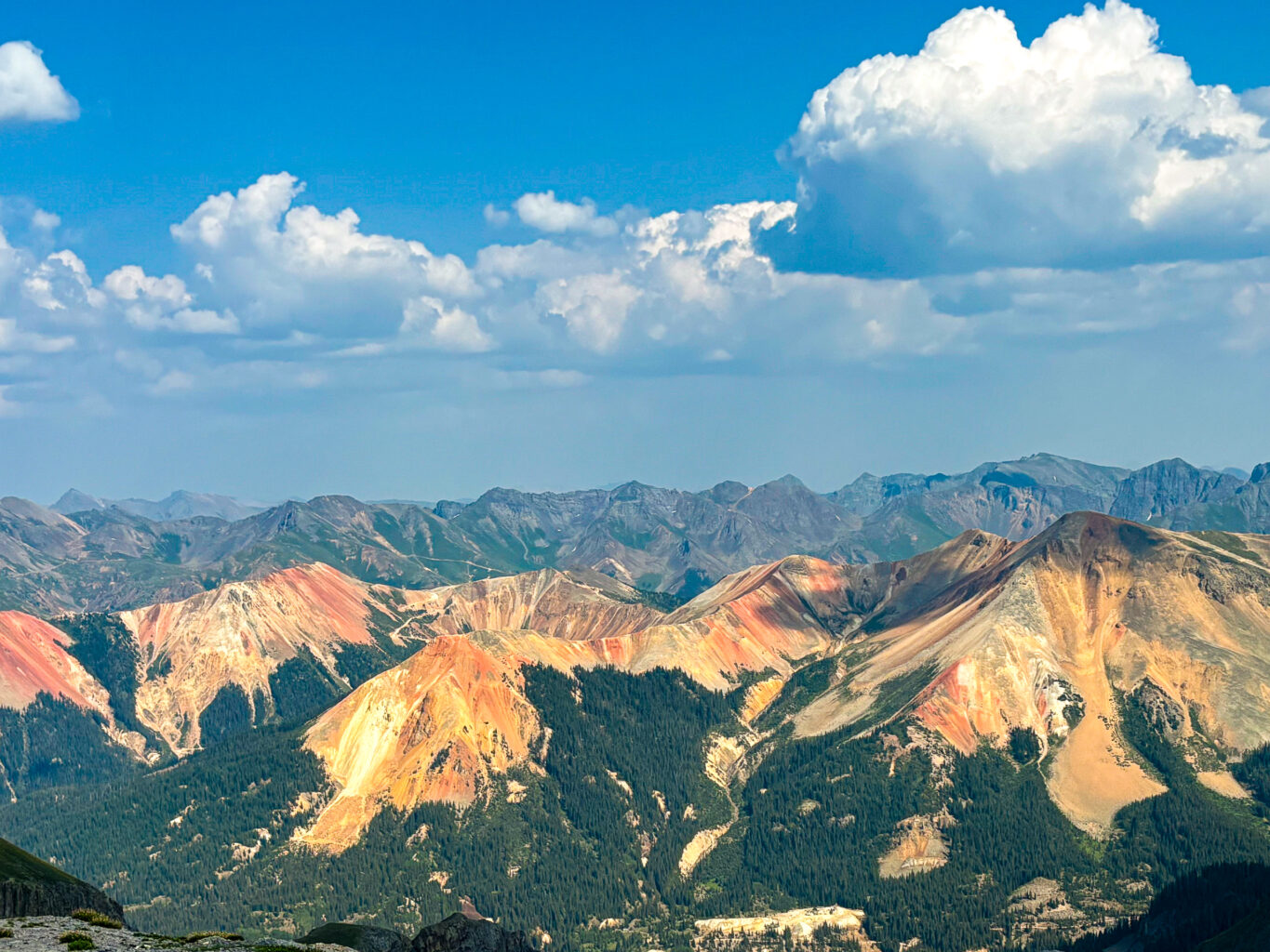View of the red peaks of Red Mountain Pass in the San Juan Mountain Range near Telluride, Colorado