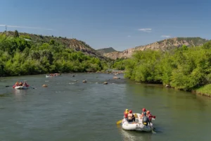 A group of multiple rafts heading down a river