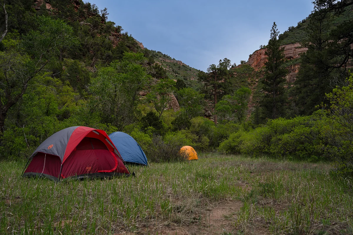 Several tents set up in a valley