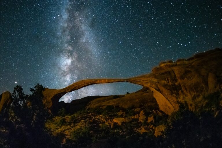 Night sky with the Milky Way over Landscape Arch in Moab, Utah