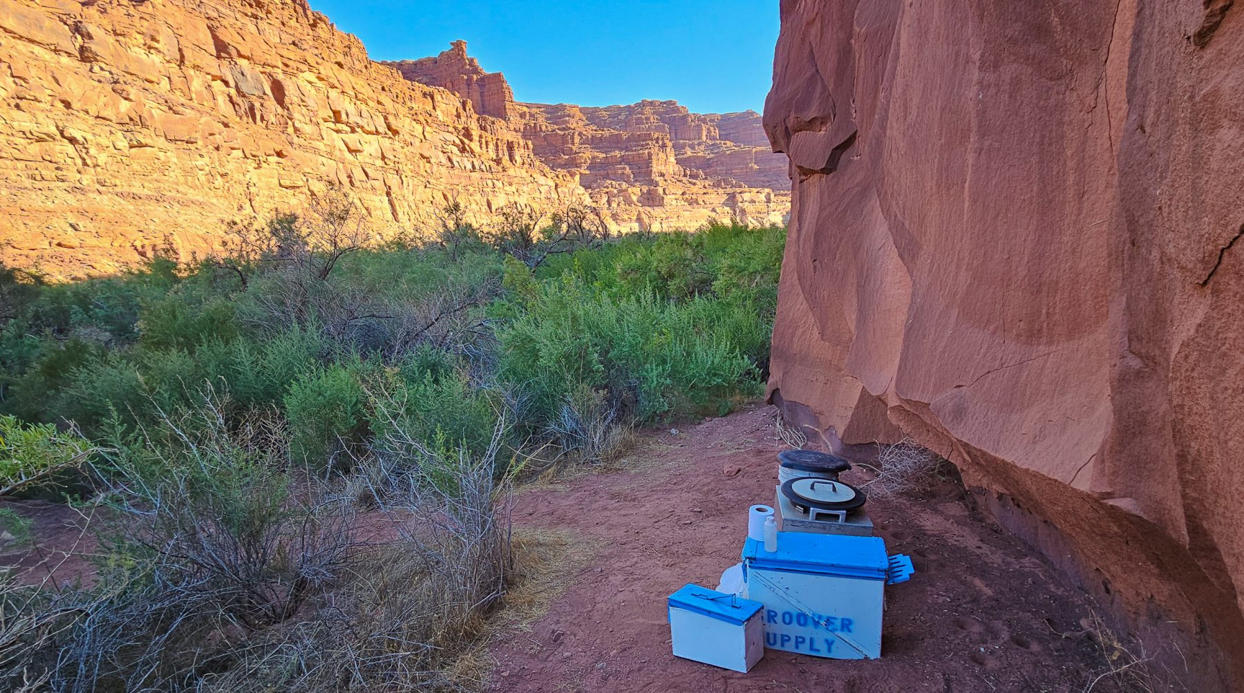 Scenic shot of a groover (river toilet) at a camp on Cataract Canyon - Rafting Trip