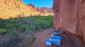 Scenic shot of a groover (river toilet) at a camp on Cataract Canyon - Rafting Trip