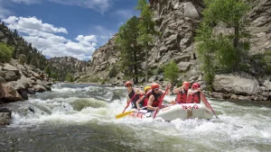 Medium wide shot of raft paddling through whitewater in browns canyon on the Arkansas River near Buena Vista - scenic rocks and trees on shore