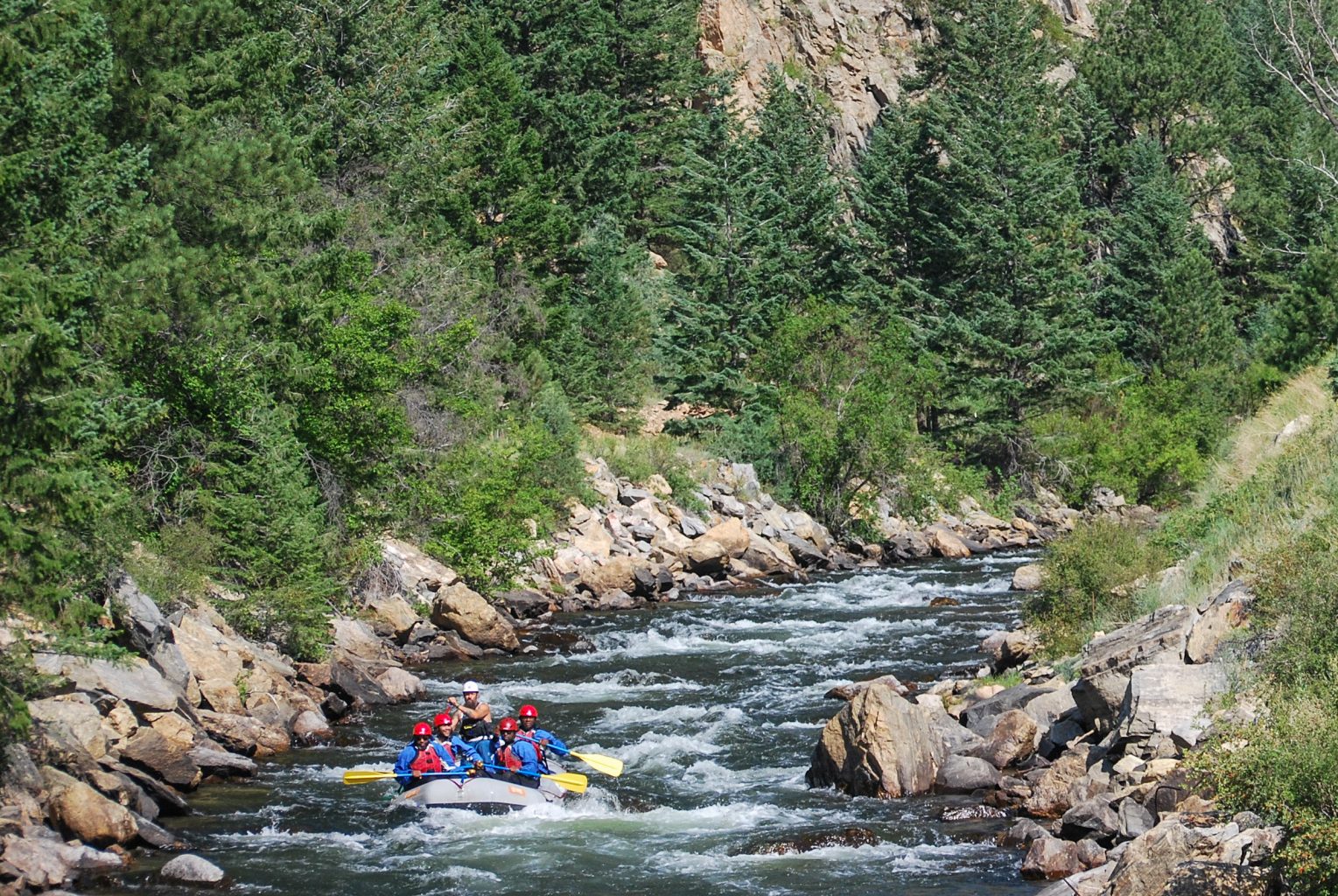 A white boat floats through Class II rapids on a river surrounded by green pine forest.