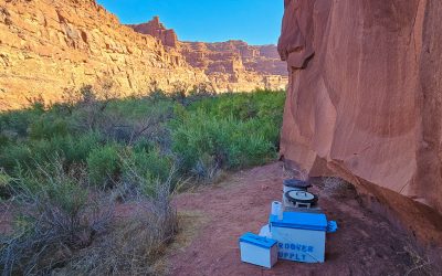 Scenic shot of a groover (river toilet) at a camp on Cataract Canyon - Rafting Trip
