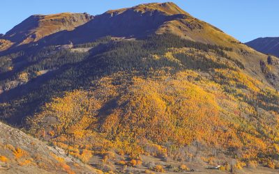 Wide landscape of the mountain above the town of Silverton covered in autumn colors