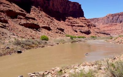 drone shot of red rock in moab with raft on the colorado river - mild to wild multi-day rafting trip