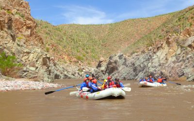 Wide shot of rafts on the salt river with desert scenery