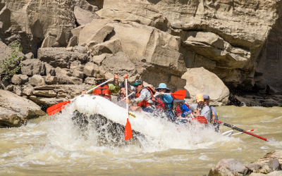 medium shot of raft paddling through whitewater in Desolation Canyon